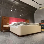 Natural Wood Headboard Upholstered Bed with Burgundy Leather Panel, Polished Marble Side Accents & Stainless Steel Hardware